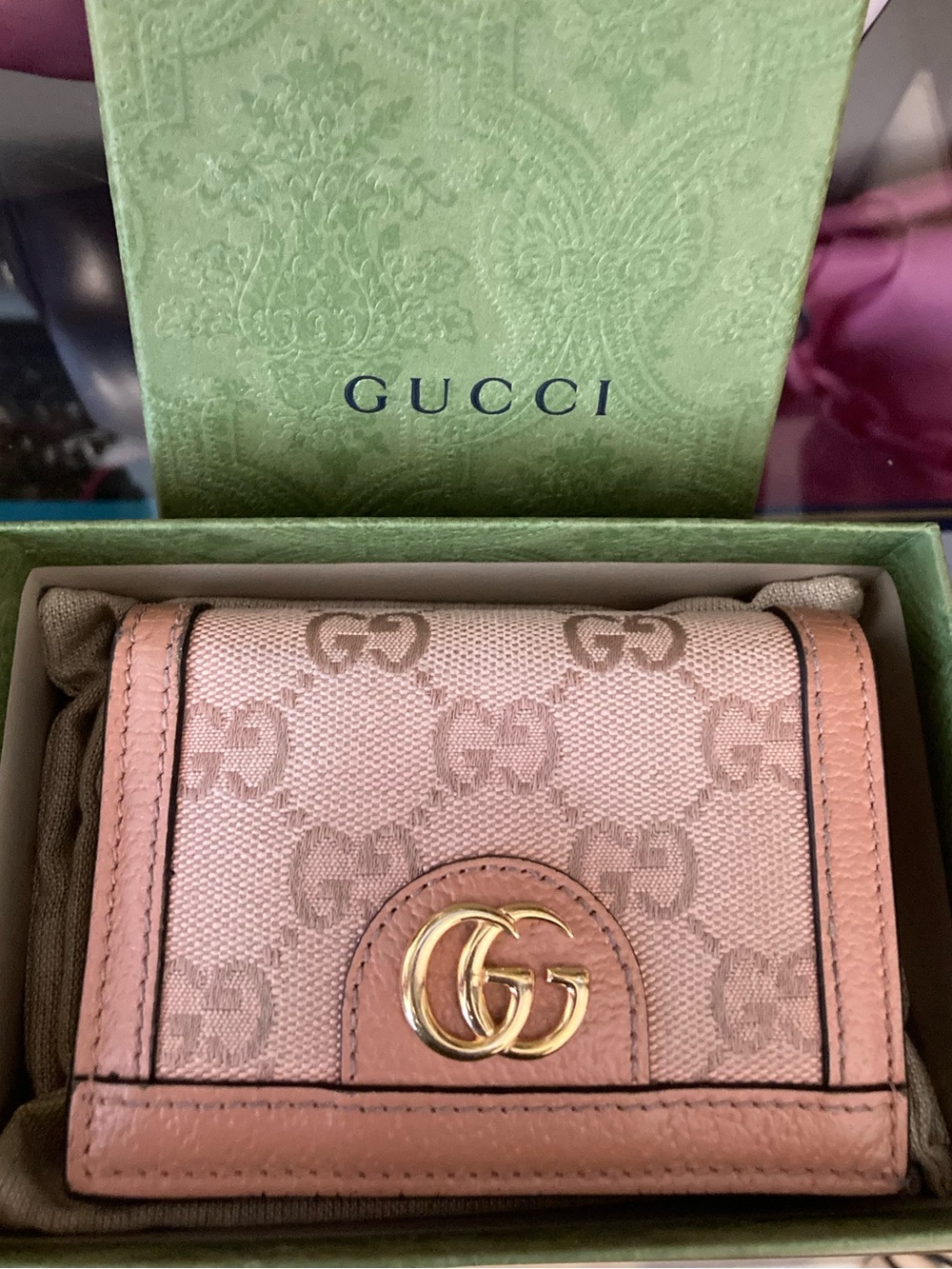 Gucci Blush Pink GG Canvas Compact Wallet with Gold Double G